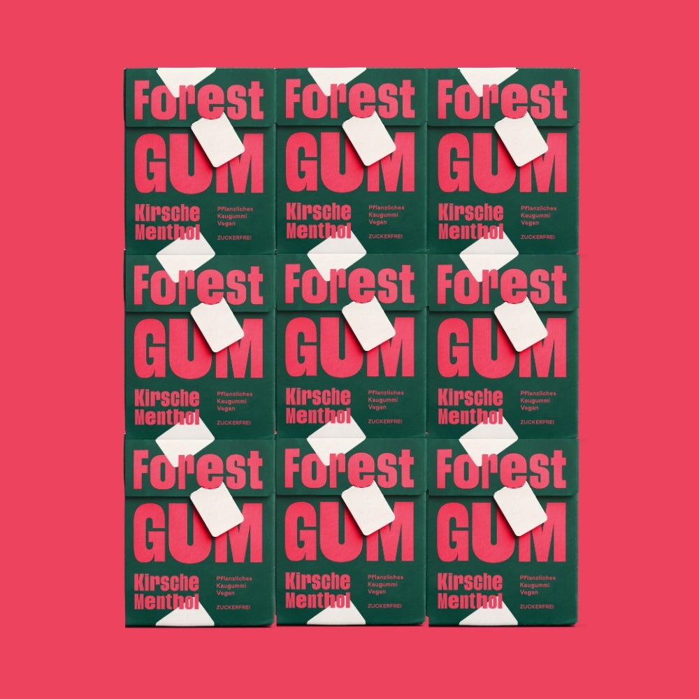 Forest Gum Kirsche Menthol 9× nachhaltiger Kaugummi, zuckerfrei & plastikfrei, in FSC-Papier-Flipboxen.