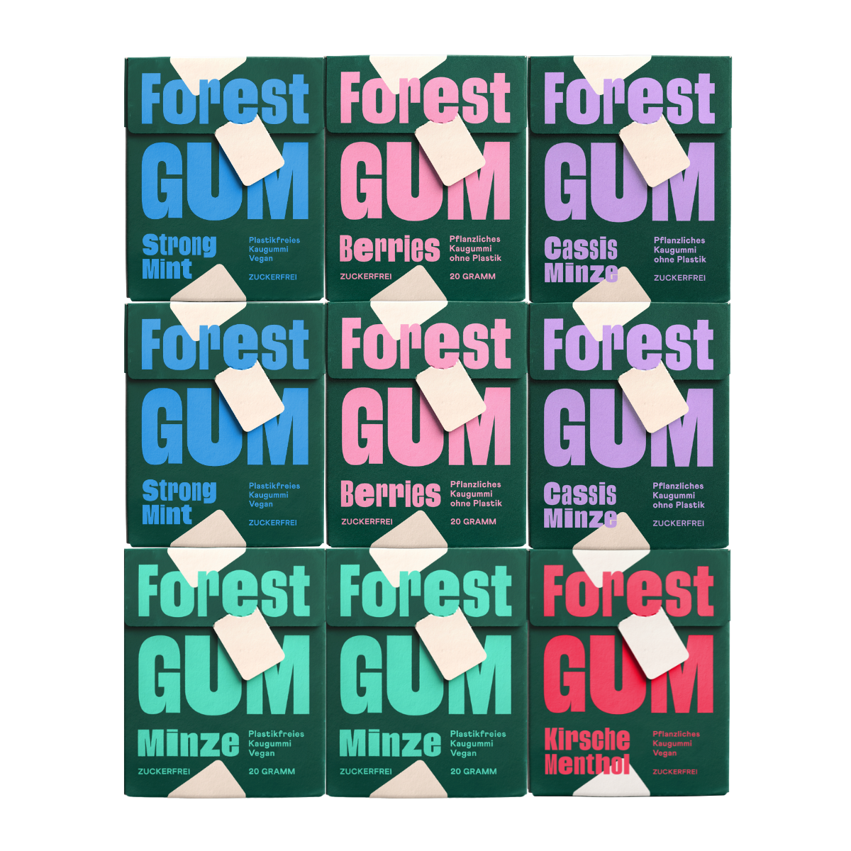 Forest Gum Probierpaket 2× Strong Mint, 2× Berries, 2× Cassis Minze, 2× Minze, 1× Kirsche Menthol Kaugummi, zuckerfrei & plastikfrei.