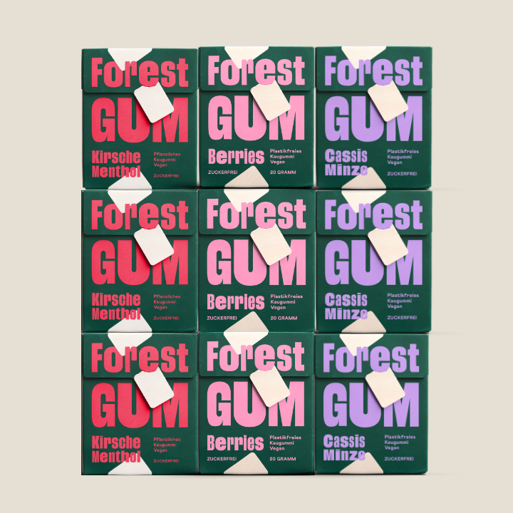 Forest Gum Probierpaket 3× Kirsche Menthol, 3× Berries, 3× Cassis Minze Kaugummi, zuckerfrei & plastikfrei, in FSC-Papier-Flipboxen.