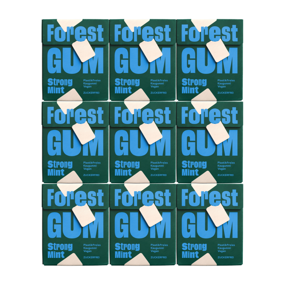 Forest Gum Probierpaket  9× Strong Mint Kaugummi, zuckerfrei & plastikfrei, in FSC-zertifizierten Papier-Flipboxen.