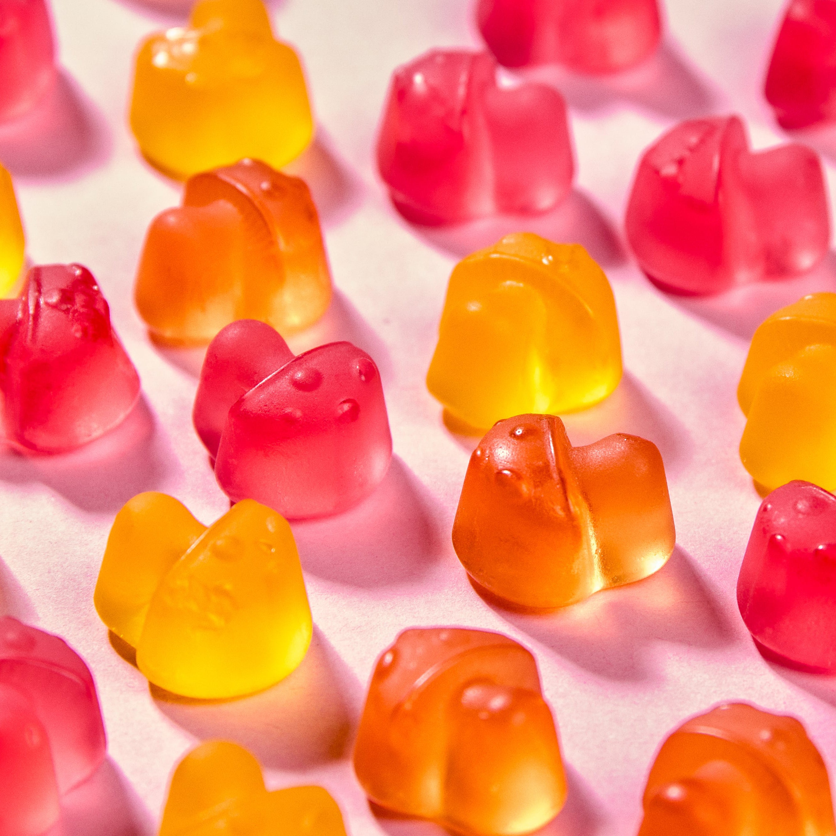 Nahaufnahme veganer Forest Gum magic mushroom Fruchtgummis in Form von Pilzen.