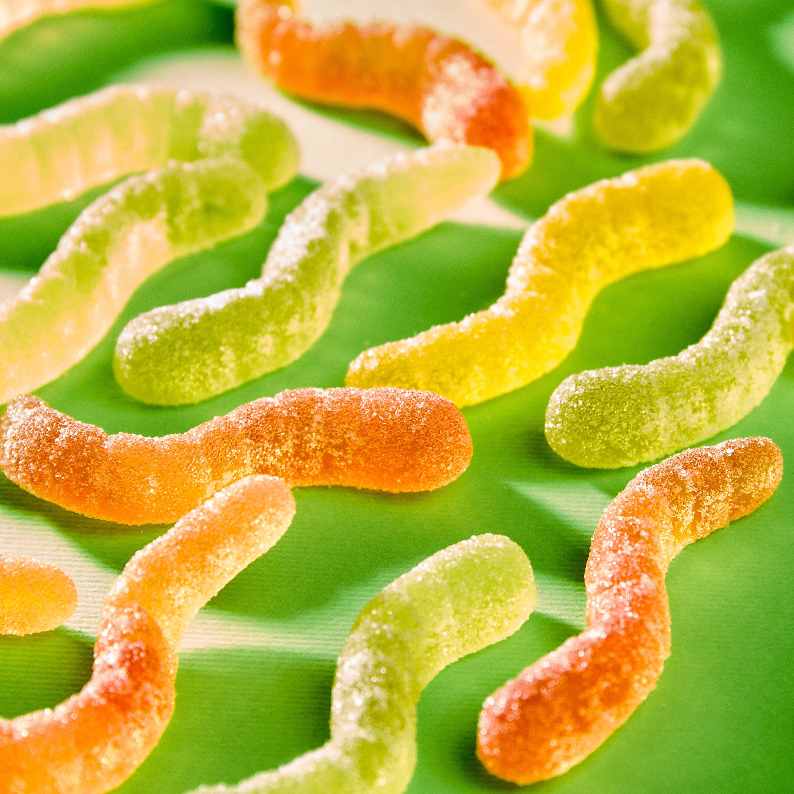 Nahaufnahme veganer Forest Gum Sour Wonder Worms sauere und bunte Fruchtgummis 