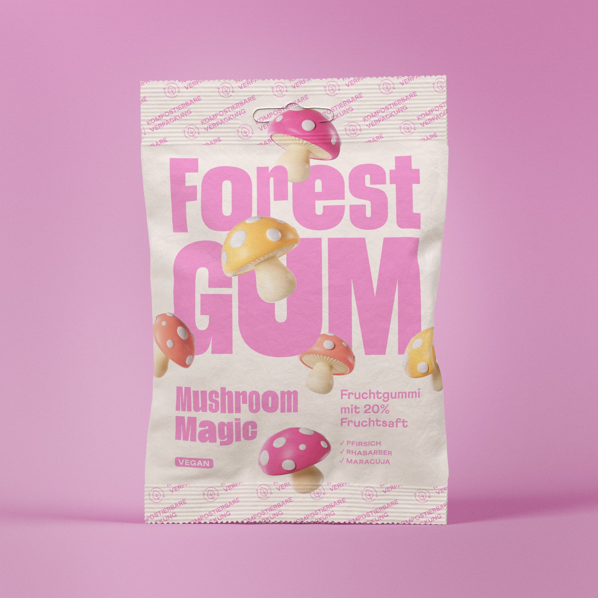 Vegane Fruchtgummis in form von Pilzen in einer Kompostierbare Verpackung