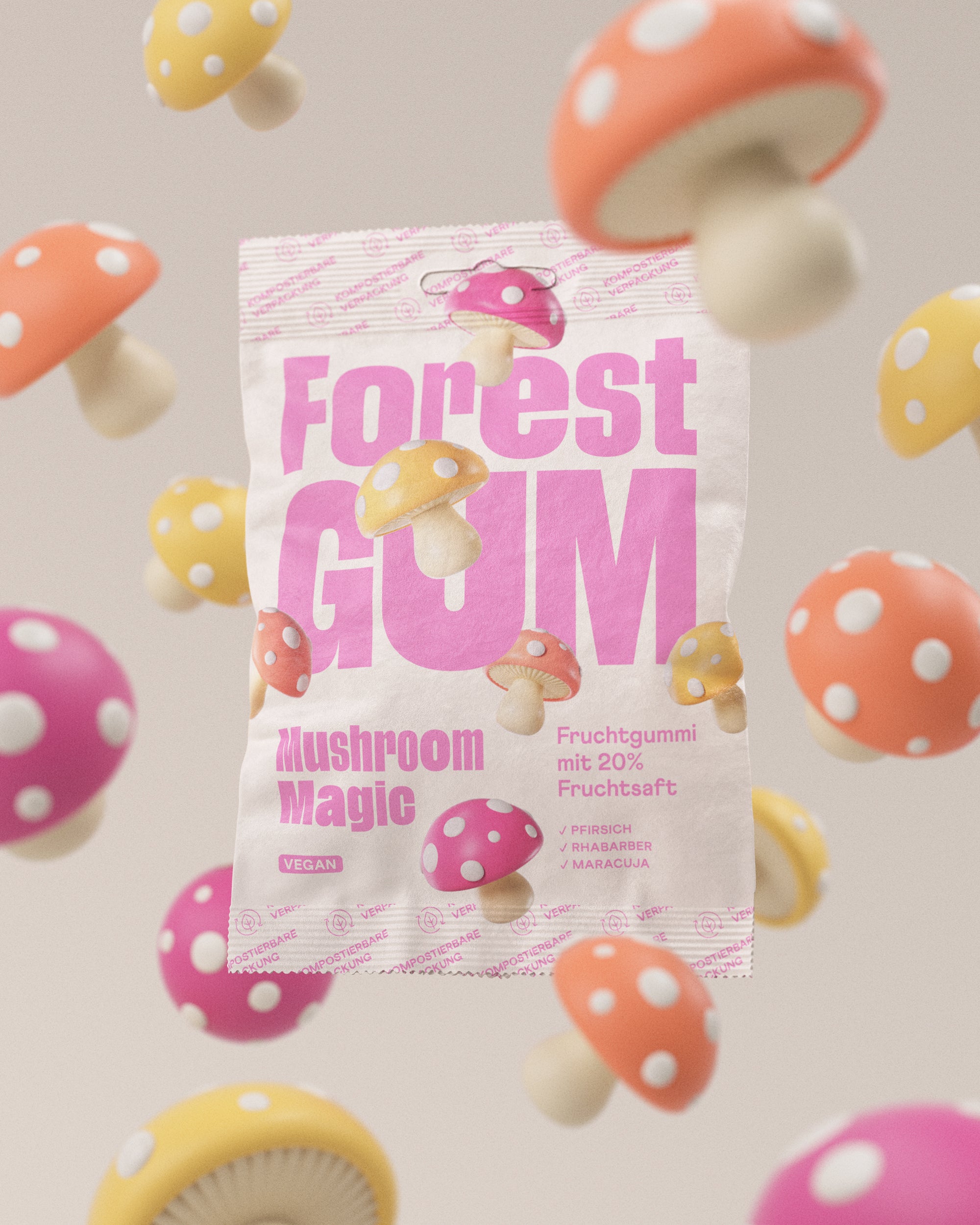 Eine Packung Forest Gum Mushroom Magic, Vegane Fruchtgummis umgeben von schwebenden Fruchtgummi Pilzen