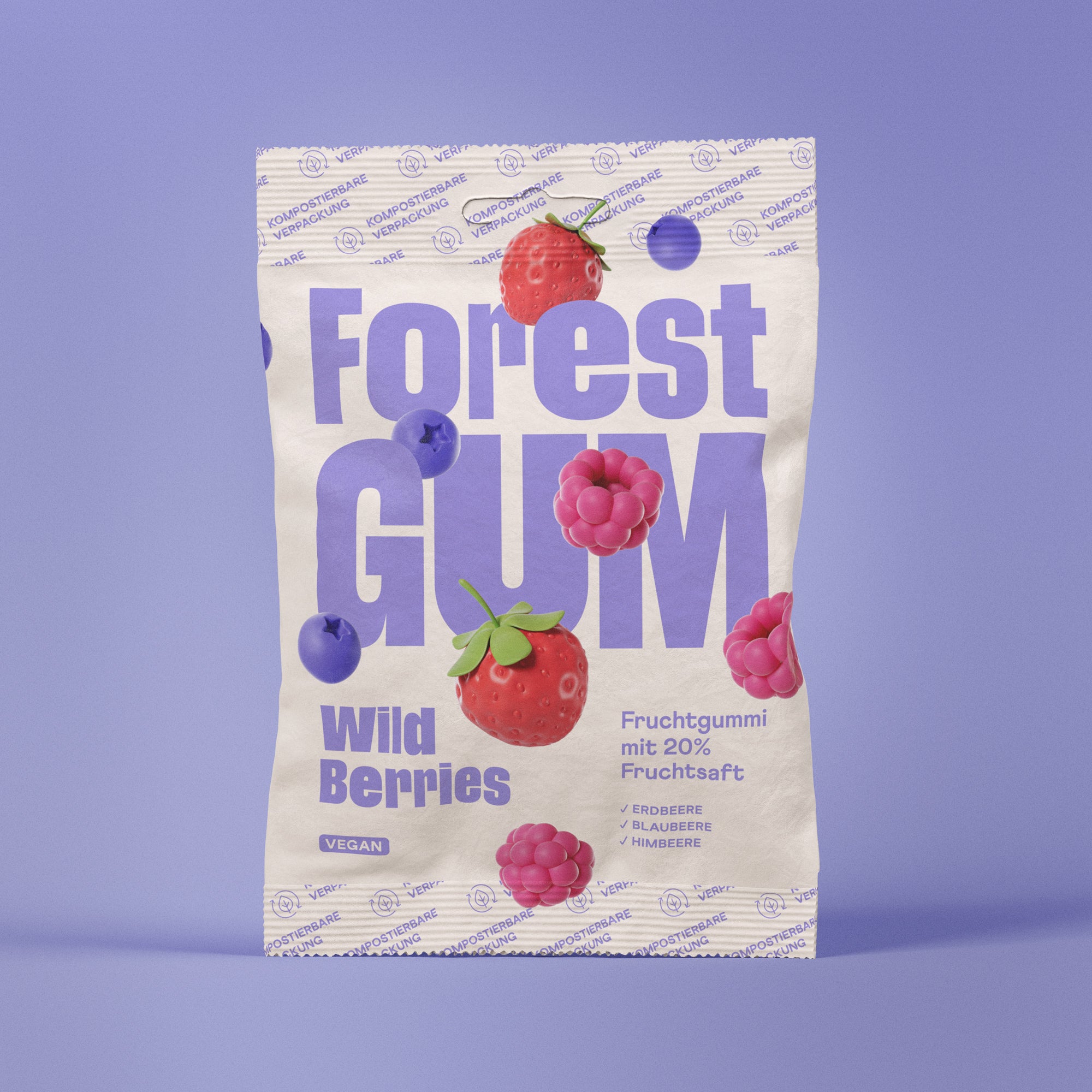 Vegane Fruchtgummis in form von Beeren in einer Kompostierbare Verpackung
