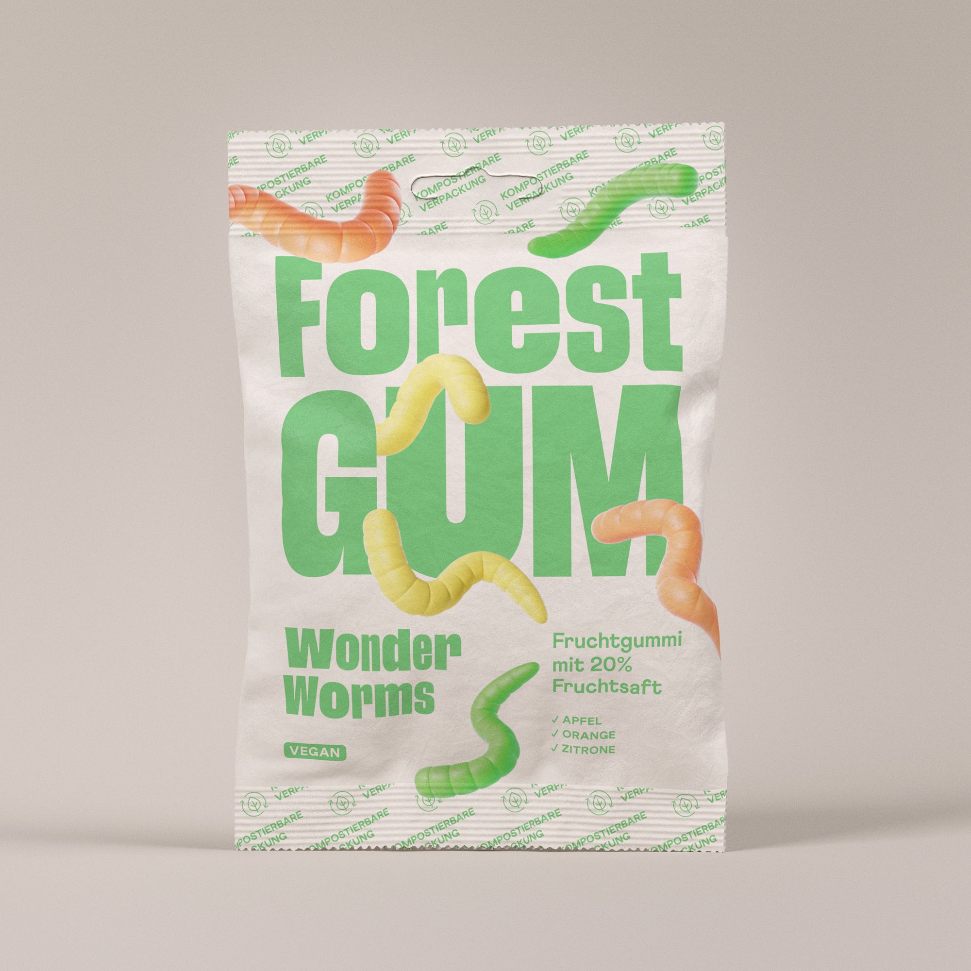 Vegane Sauere Fruchtgummis in form von Würmern in einer Kompostierbare Verpackung