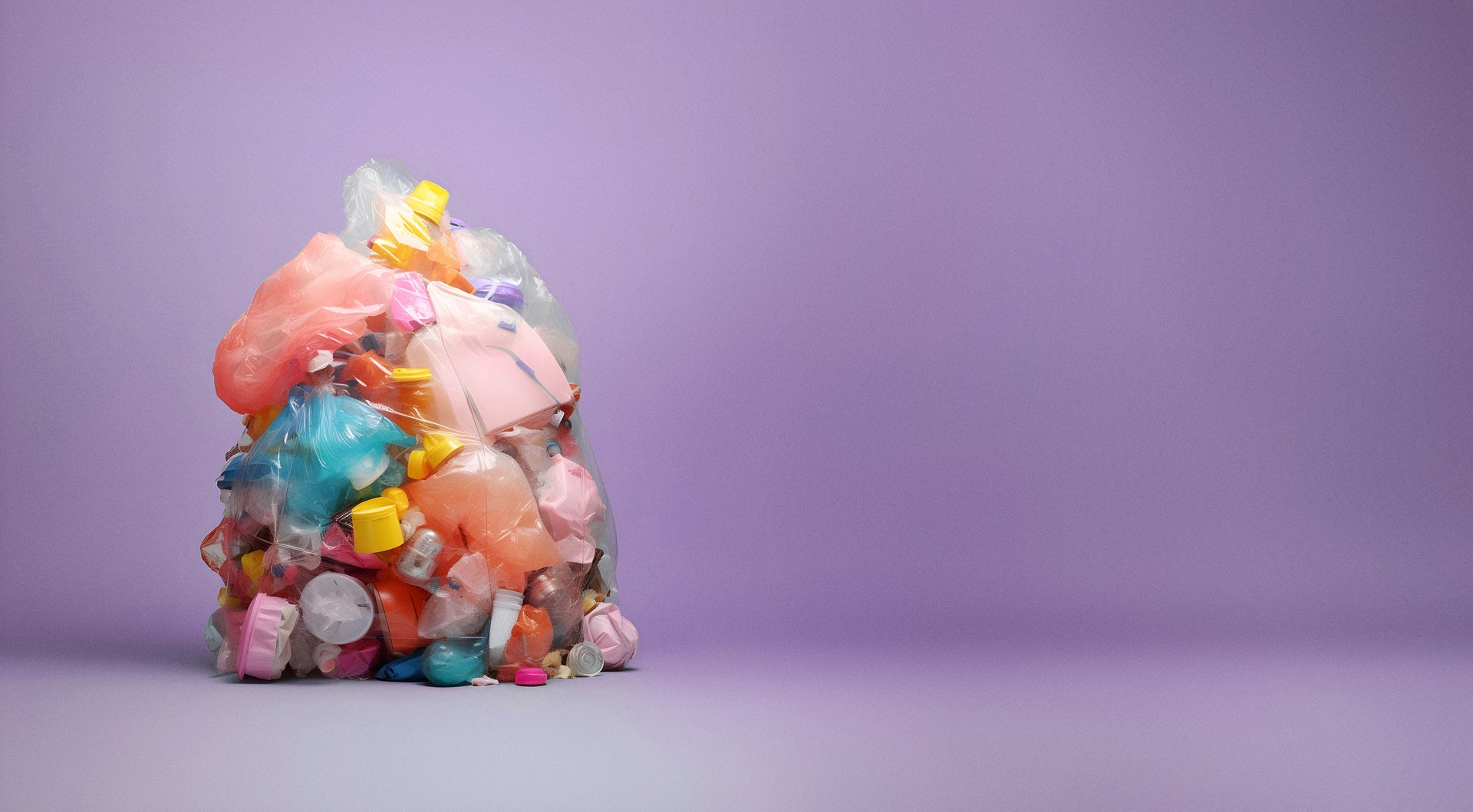 Gefüllter Plastikmüllbeutel mit verschiedenem Kunststoffabfall. Symbolbild für Plastikverschmutzung.