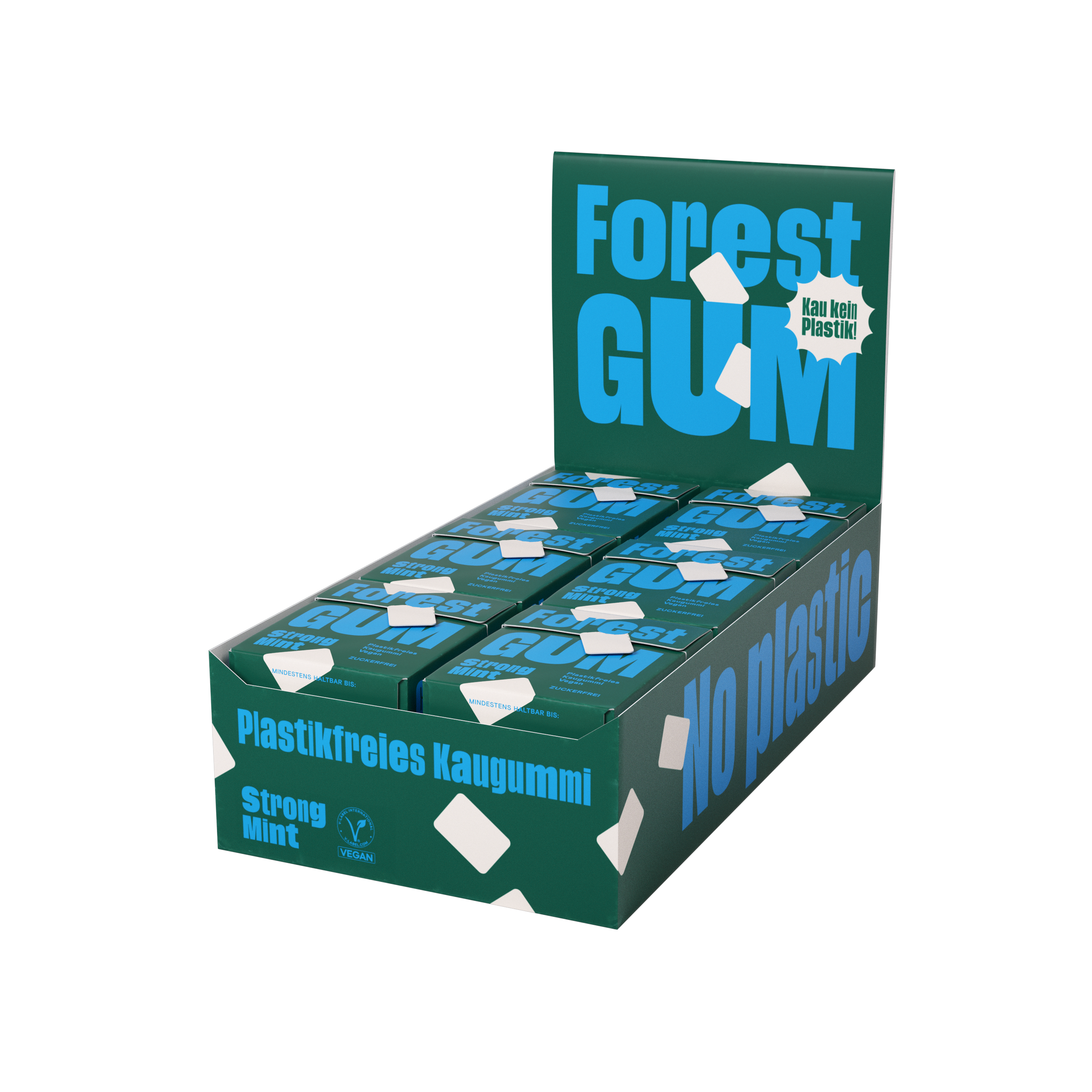 Forest Gum Display 18× Strong Mint Kaugummi, zuckerfrei & plastikfrei, in FSC-zertifizierten Papier-Flipboxen.