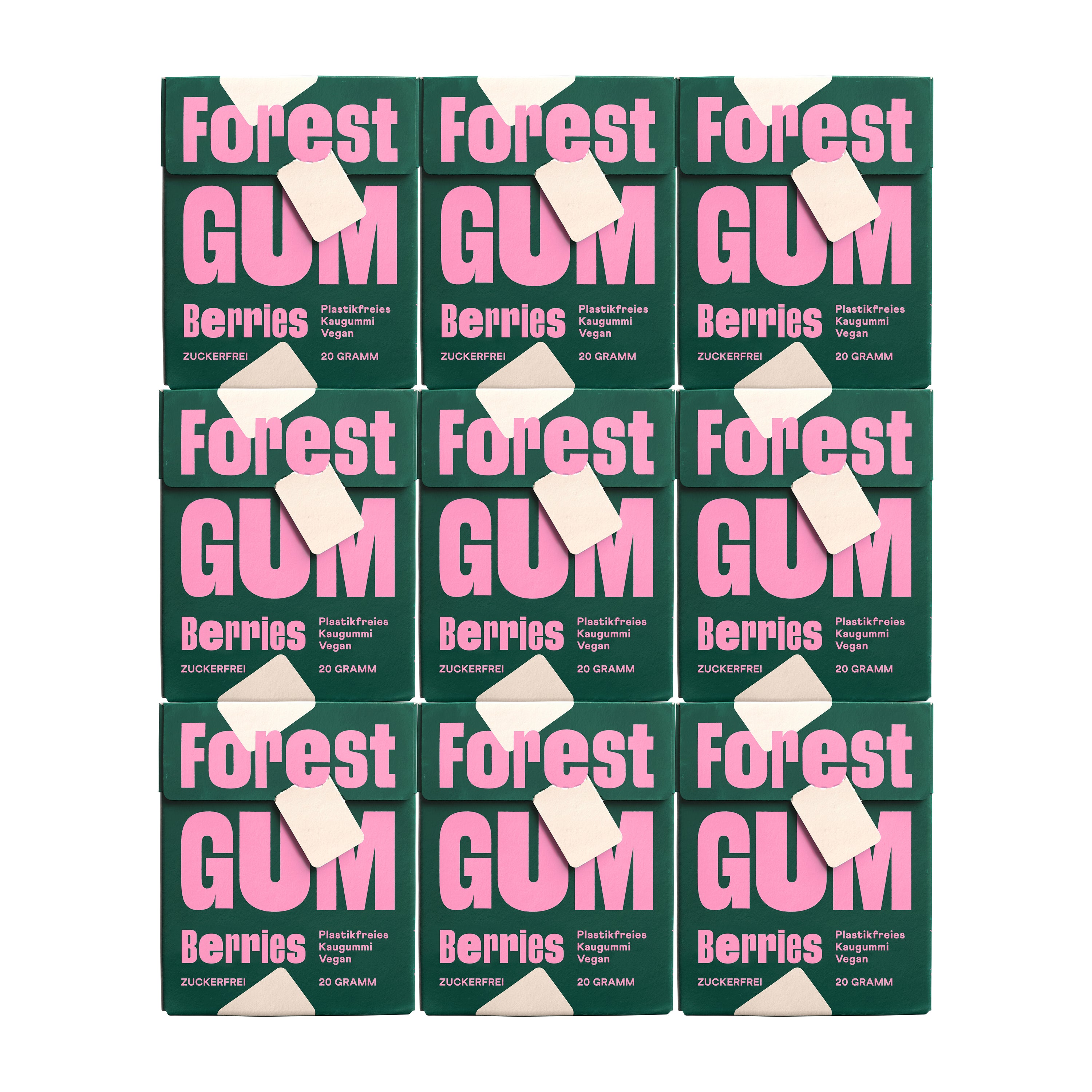 Forest Gum Berries 9× nachhaltiger Kaugummi, zuckerfrei & plastikfrei, in FSC-Papier-Flipboxen.