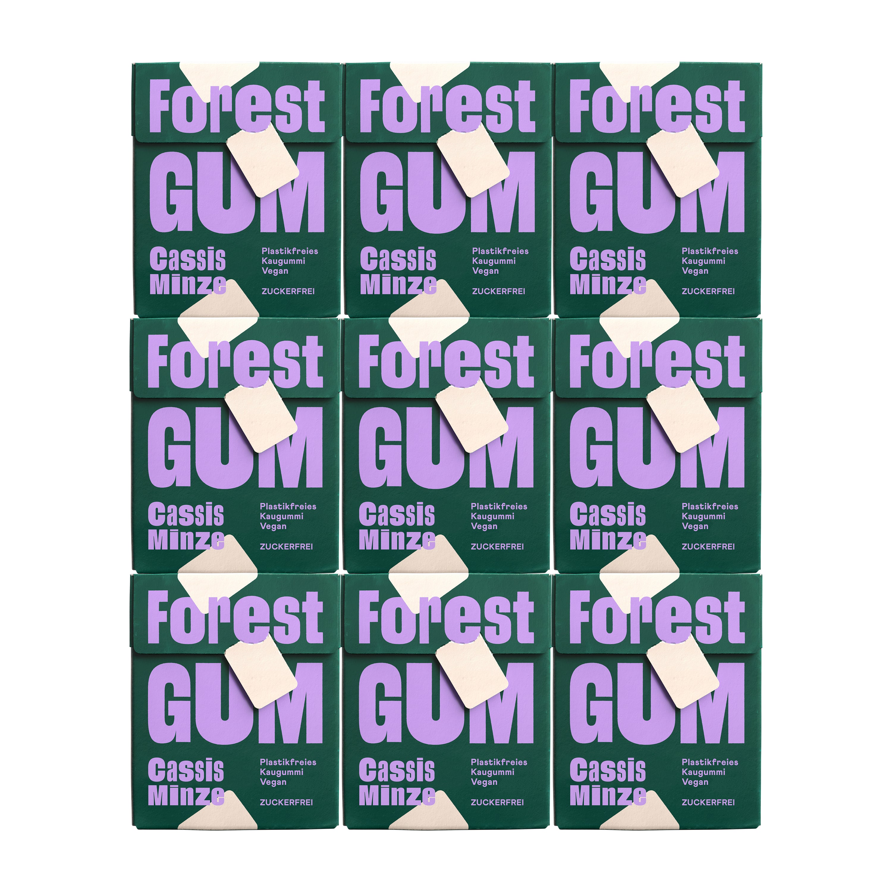 Forest Gum Cassis minze 9× nachhaltiger Kaugummi, zuckerfrei & plastikfrei, in FSC-Papier-Flipboxen.