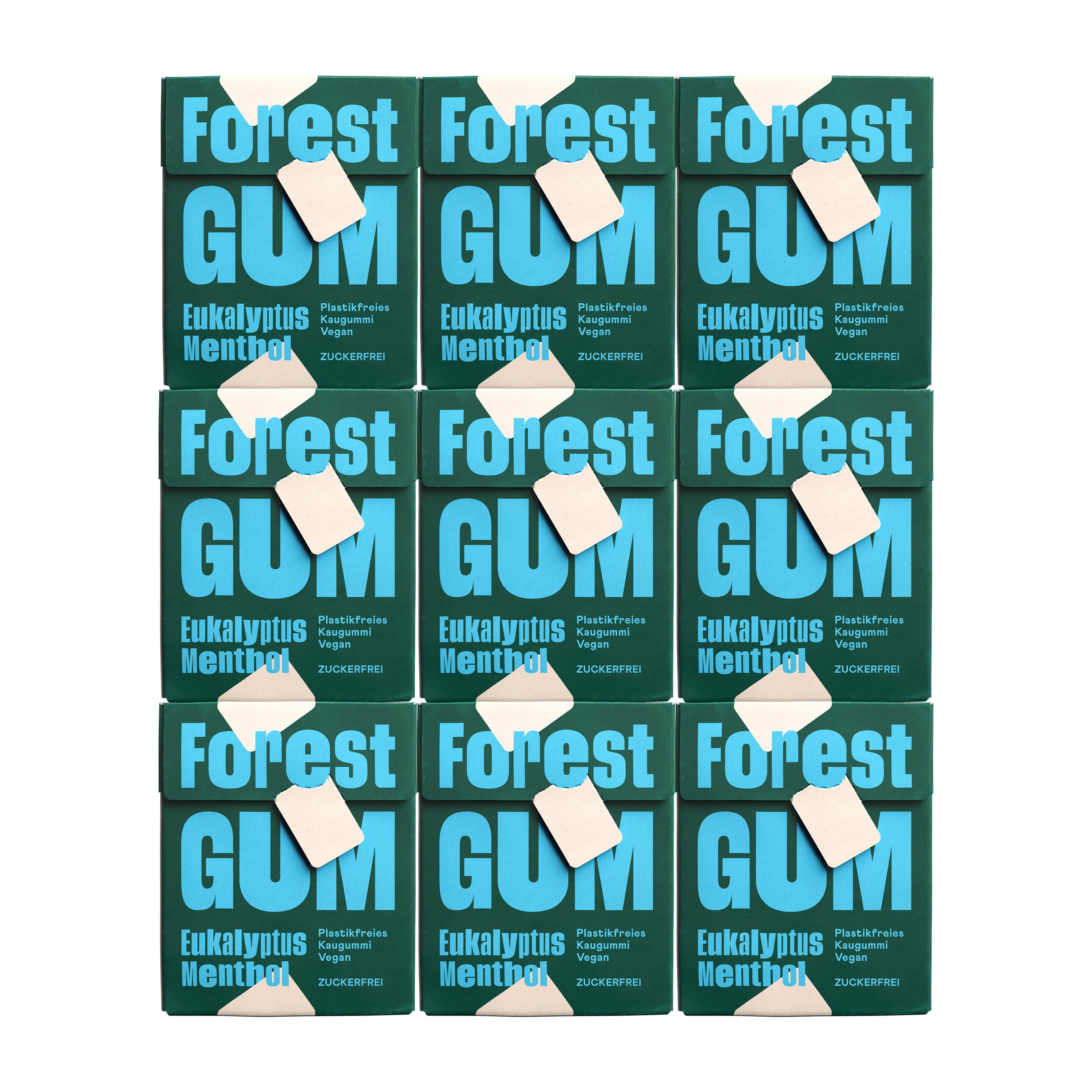 Forest Gum Eukalyptus Menthol 9× nachhaltiger Kaugummi, zuckerfrei & plastikfrei, in FSC-Papier-Flipboxen.