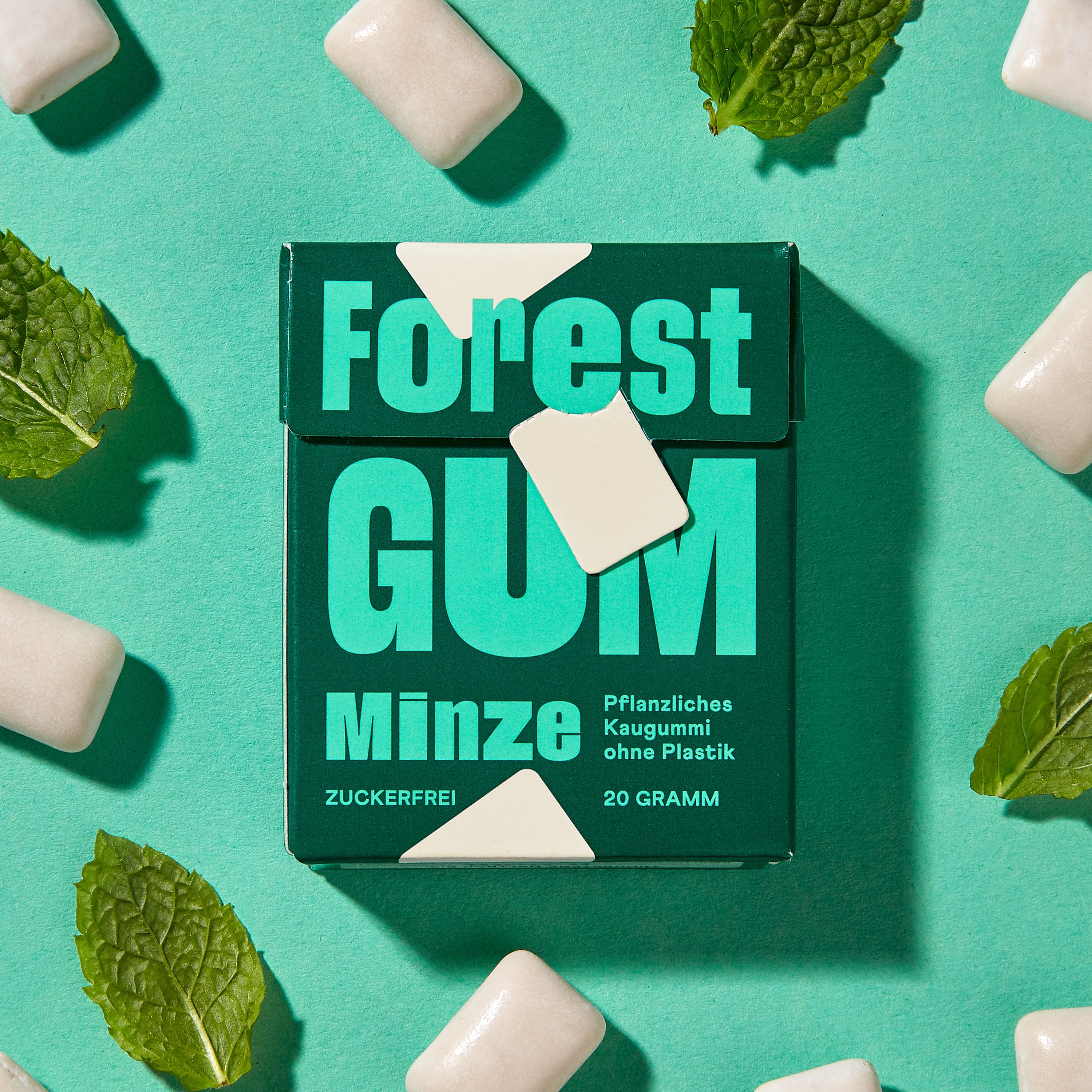 Forest Gum Minze Kaugummi-Packung, umgeben von Kaugummis und Minz b.ättern