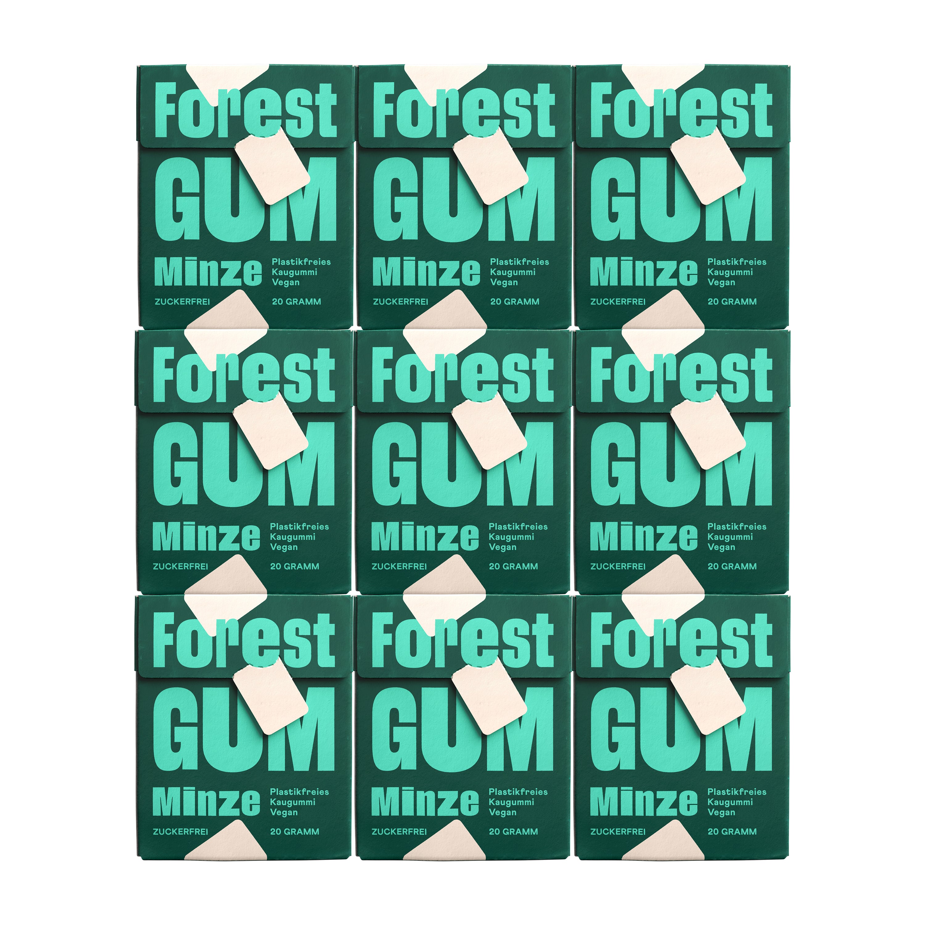 Forest Gum Minze 9× nachhaltiger Kaugummi, zuckerfrei & plastikfrei, in FSC-Papier-Flipboxen.