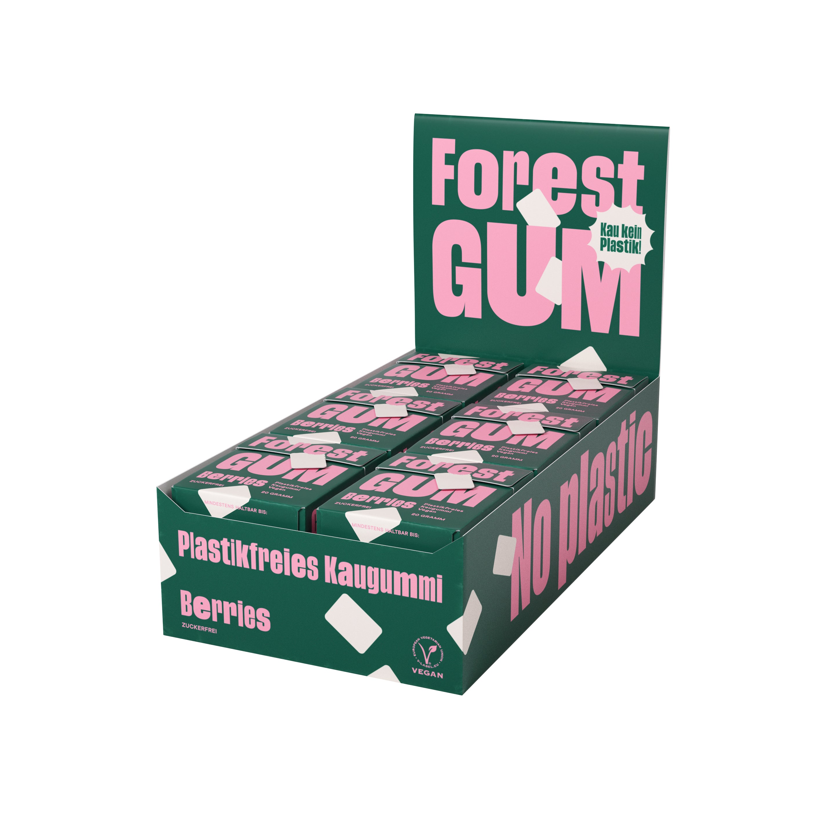 Forest Gum Display 18× Berries Kaugummi, zuckerfrei & plastikfrei, in FSC-zertifizierten Papier-Flipboxen.