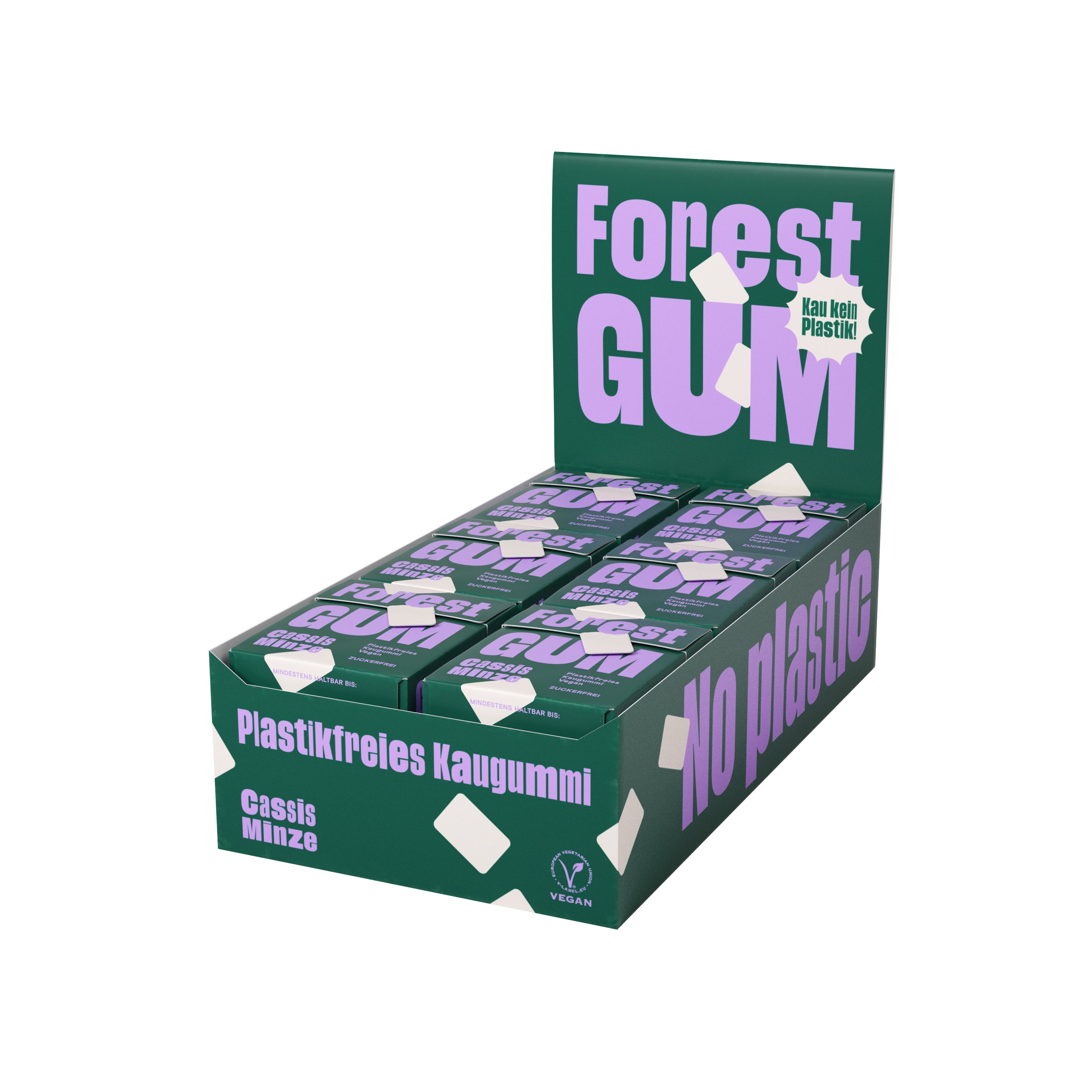 Forest Gum Display 18× Cassis Minze Kaugummi, zuckerfrei & plastikfrei, in FSC-zertifizierten Papier-Flipboxen.
