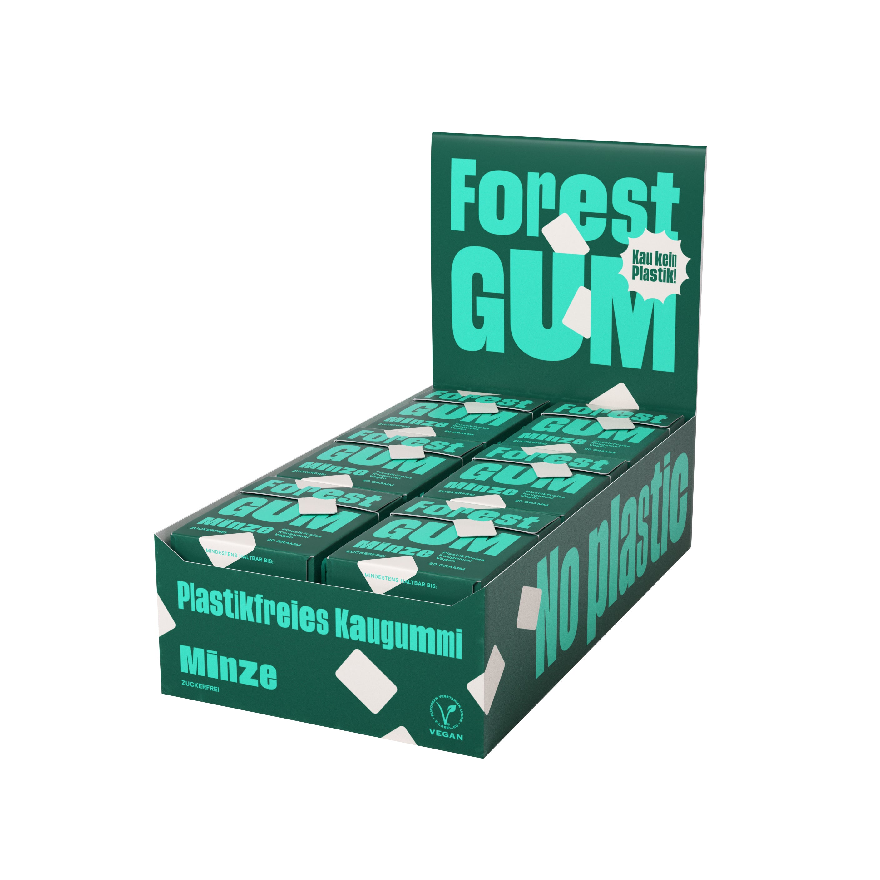 Forest Gum Display 18× Minze Kaugummi, zuckerfrei & plastikfrei, in FSC-zertifizierten Papier-Flipboxen.